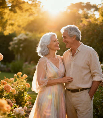 Smiling mature couple walking together in a blooming garden at sunset, symbolizing love, connection, and emotional wellness for healthy aging