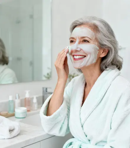 Smiling mature woman applying a facial mask in a bright bathroom, symbolizing skincare, self-care, and beauty for women over 50