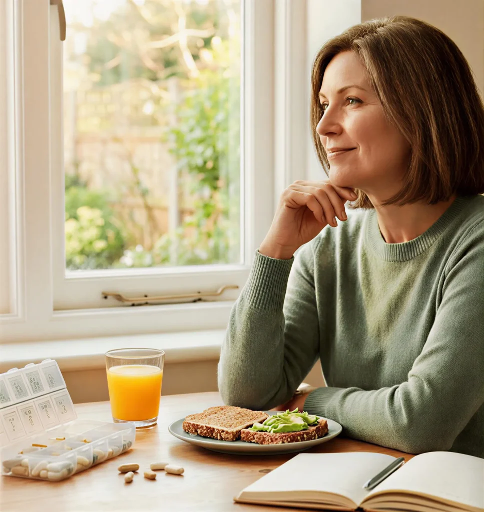 Mature woman practicing morning wellness routine with B12 supplements and healthy breakfast