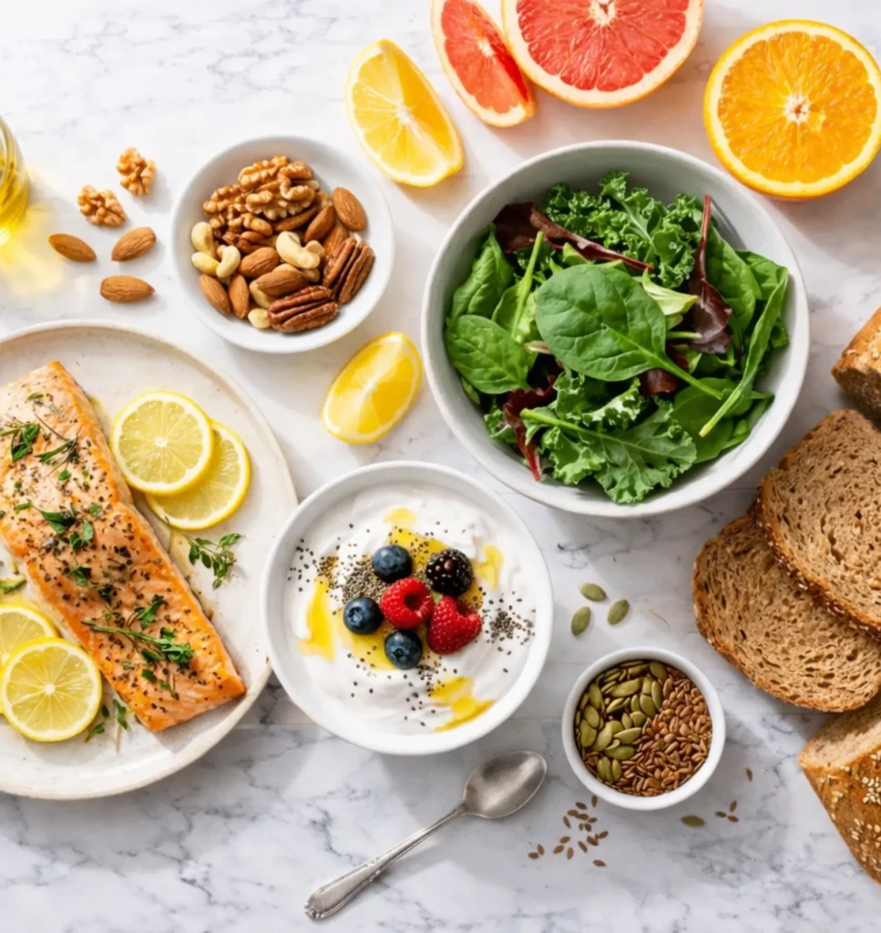 Everyday Vitamin‑Rich Foods for Women Over 50 Vitamin rich foods for women over 50 including salmon, leafy greens, yogurt, nuts and citrus on a light surface.