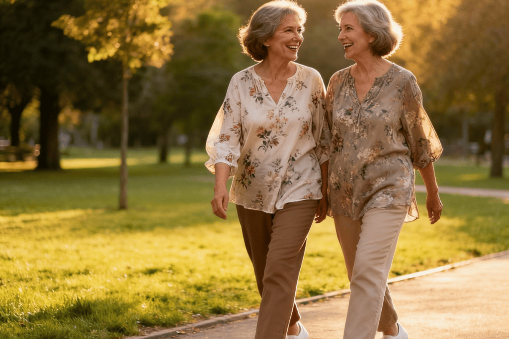 Lonage – Friendship & Wellness for Women 50+ Two joyful older women walking together in a sunny park, symbolizing friendship, connection, and active living for women over 50