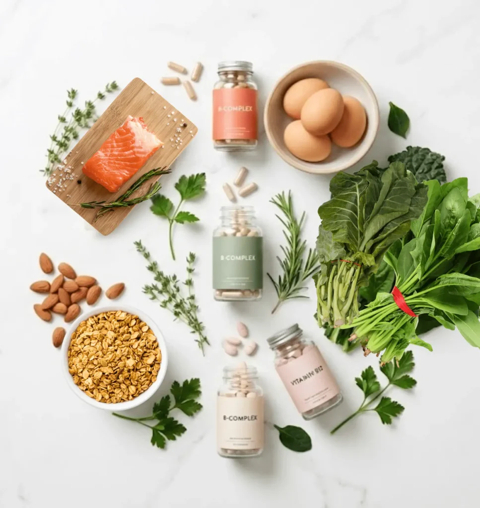 B-complex and B12 rich foods including salmon, eggs, and leafy greens with supplements for women over 50