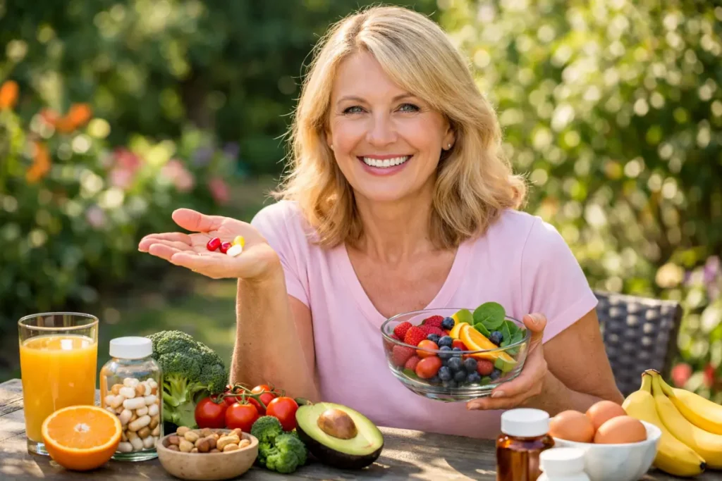 Vital vitamins for women over 50 shown through a vibrant breakfast prepared by a woman in her 50s