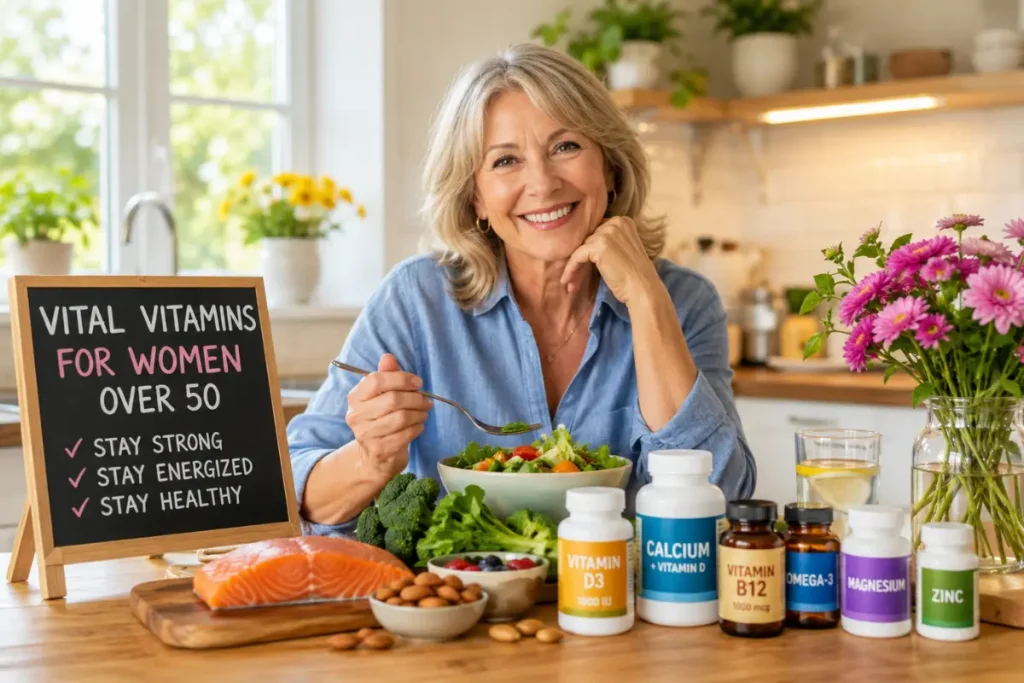 Vital vitamins for women over 50 shown through a vibrant breakfast prepared by a woman in her 50s