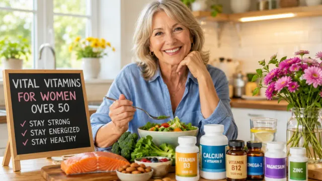 Vital vitamins for women over 50 shown through a vibrant breakfast prepared by a woman in her 50s