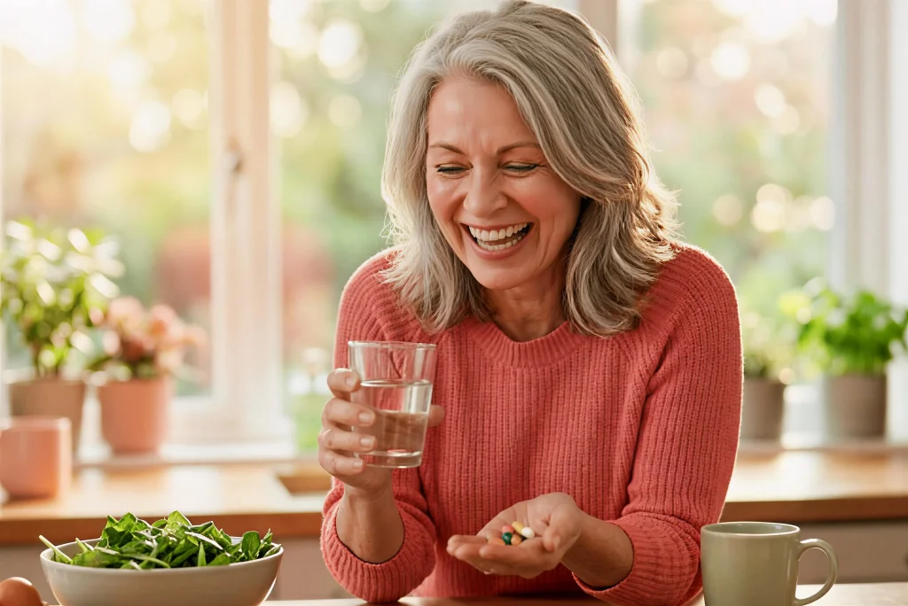 Woman over 50 reviewing Vitamin B12 and B-Complex supplements for healthy aging and energy