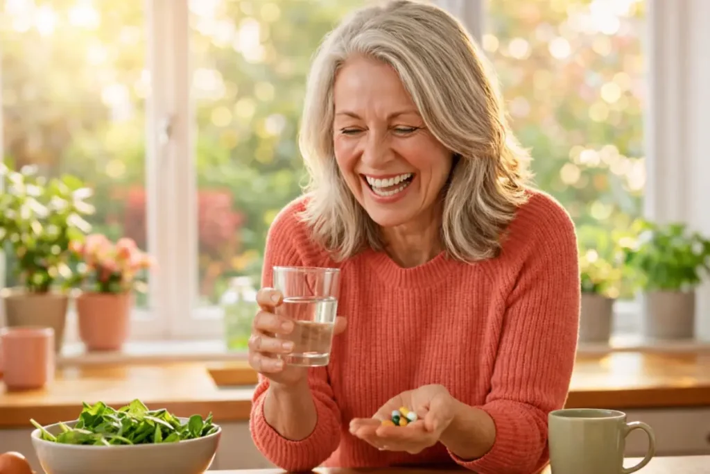 Woman over 50 reviewing Vitamin B12 and B-Complex supplements for healthy aging and energy