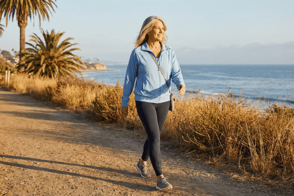  Active woman over 50 walking outdoors in California sunshine with vibrant energy and confidence.