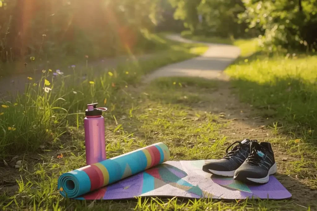 Colorful rolled yoga mat, water bottle, and athletic shoes resting on a purple mat along a sunny outdoor trail, representing an active exercise routine to lose belly fat after 50