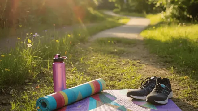 Colorful rolled yoga mat, water bottle, and athletic shoes resting on a purple mat along a sunny outdoor trail, representing an active exercise routine to lose belly fat after 50