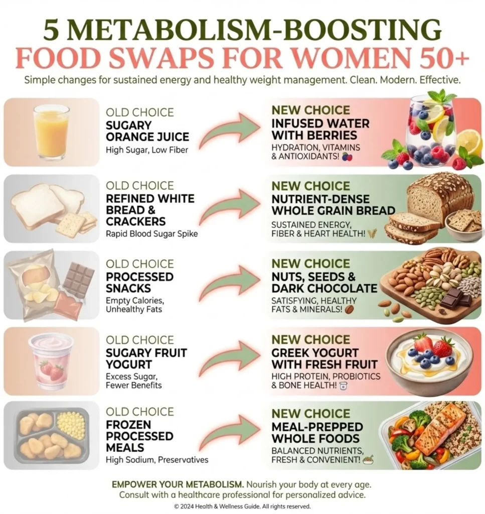 Infographic showing five healthy food swaps to support weight loss after menopause for women over 50