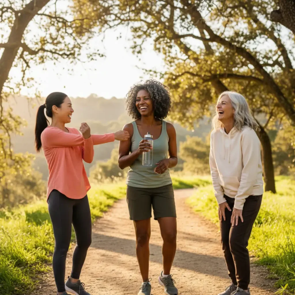 Women over 50 staying active and supporting each other during perimenopause vs menopause and postmenopause