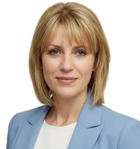 Portrait of Alexandra Reval Professional head-and-shoulders portrait of a midlife woman with blonde hair, wearing a light blue blazer and white blouse, on a soft studio background