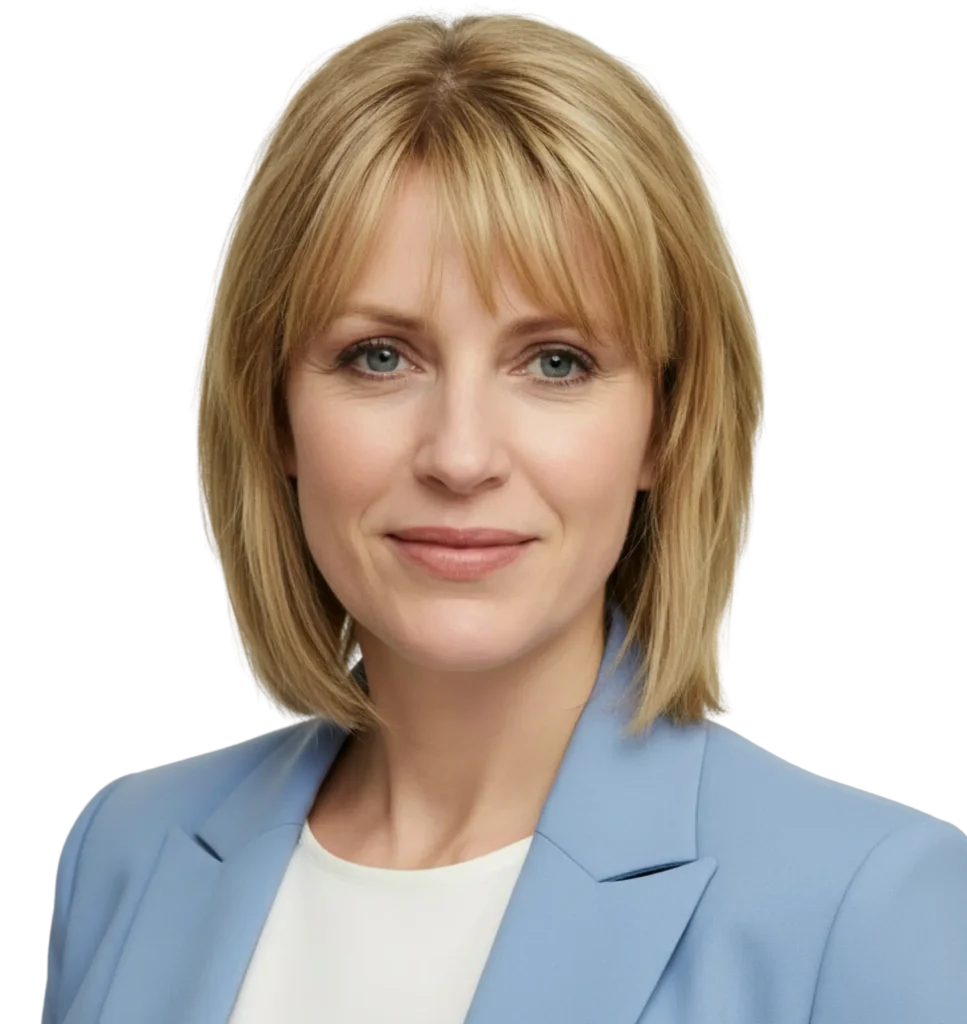 Portrait of Alexandra Reval Professional head-and-shoulders portrait of a midlife woman with blonde hair, wearing a light blue blazer and white blouse, on a soft studio background
