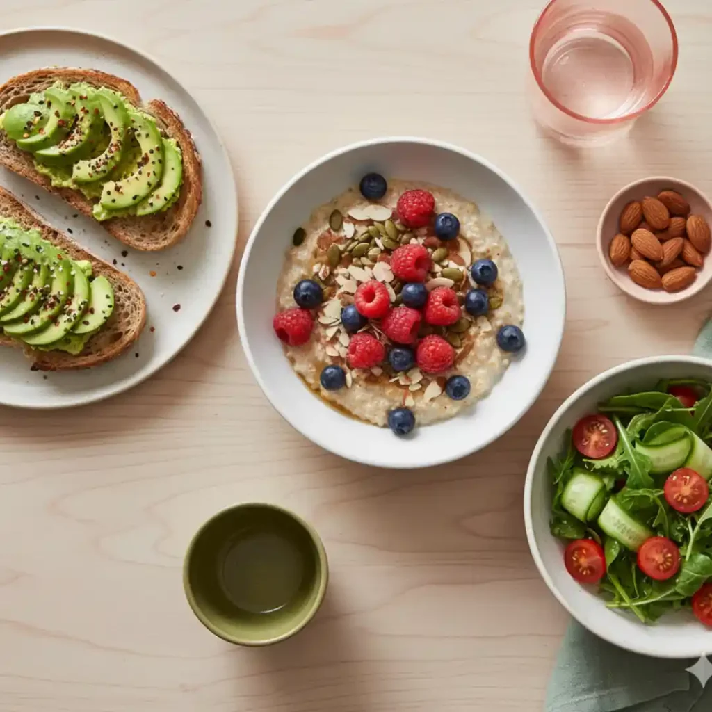 Balanced Meal for Blood Sugar Stability During Menopause Nutritious balanced meal with whole grains, proteins, and healthy fats to prevent dizziness during menopause