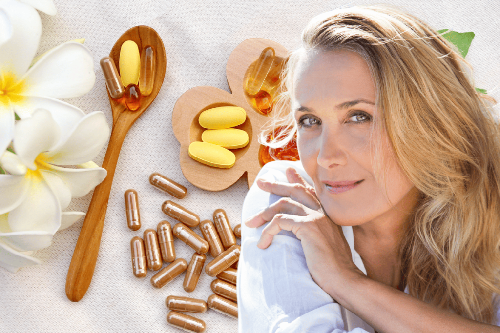 Woman relaxing in soft sunlight beside wooden trays and spoon filled with yellow tablets and amber capsules, symbolizing natural supplements for menopause joint pain relief.