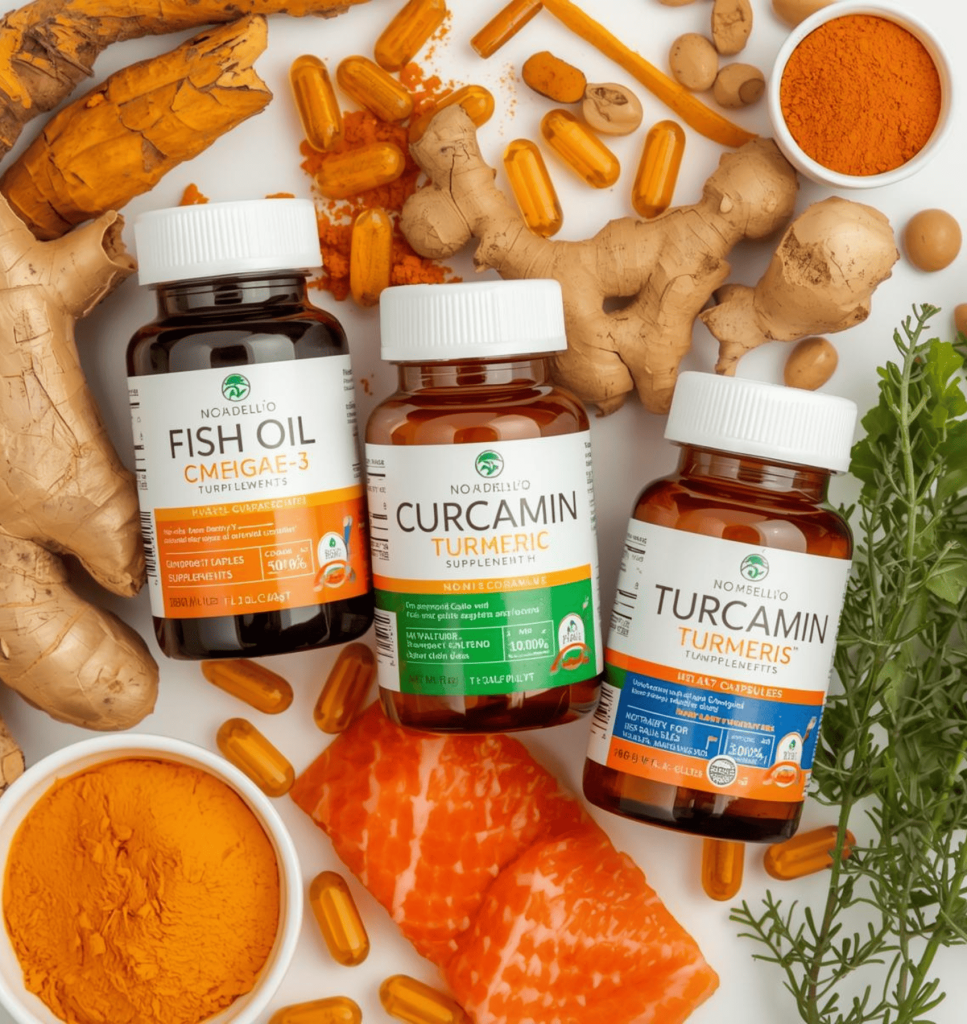 Science-backed supplements for menopause joint pain including omega-3, vitamin D, and turmeric with natural ingredients Title: Best Supplements for Menopause Joint Pain Relief Caption: Research-supported supplements like omega-3s, vitamin D, and turmeric can significantly reduce inflammation and ease joint discomfort. Description: Flat lay arrangement of evidence-based supplements for managing menopause joint pain including fish oil omega-3 capsules, curcumin turmeric supplements, vitamin D, alongside natural food sources like fresh turmeric root, ginger, and salmon. Professional wellness photography for women over 50 seeking natural joint pain relief.