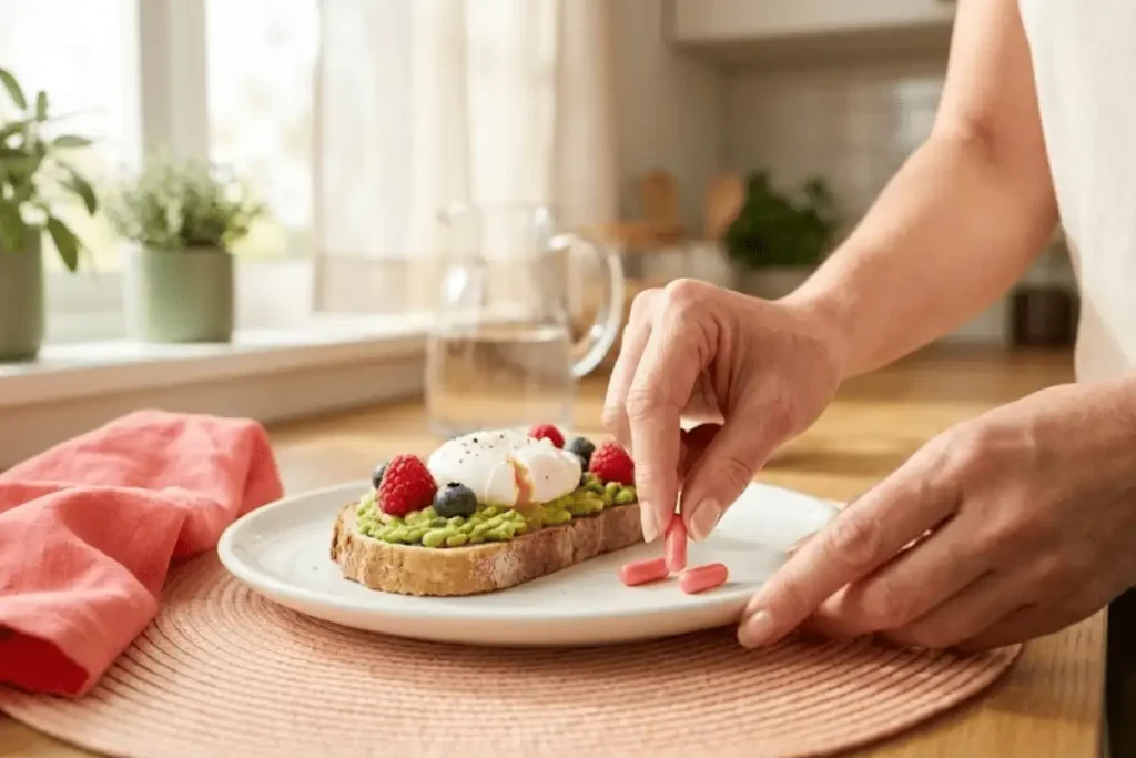 Woman over 50 taking vitamin D3 and K2 supplements with healthy breakfast