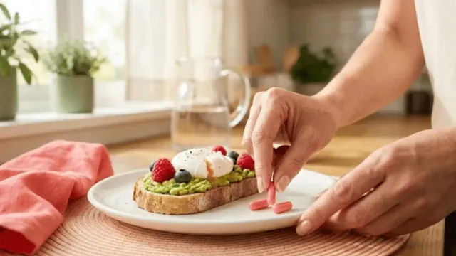 Woman over 50 taking vitamin D3 and K2 supplements with healthy breakfast