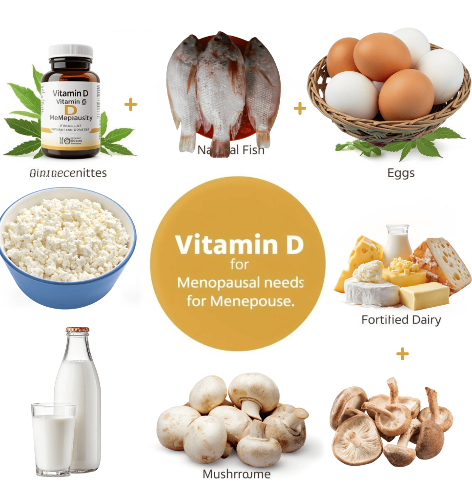 Vitamin D3 supplements and vitamin D-rich foods including salmon, eggs, and fortified milk for menopausal women