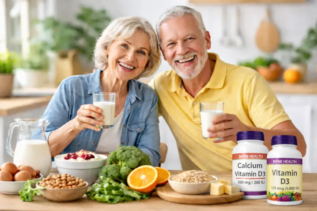 Happy senior couple in their 60s holding glasses of milk at kitchen table with calcium and vitamin D3 supplement bottles, fresh vegetables, nuts, cheese, yogurt, and eggs representing bone-healthy foods
