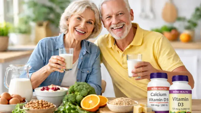 Happy senior couple in their 60s holding glasses of milk at kitchen table with calcium and vitamin D3 supplement bottles, fresh vegetables, nuts, cheese, yogurt, and eggs representing bone-healthy foods