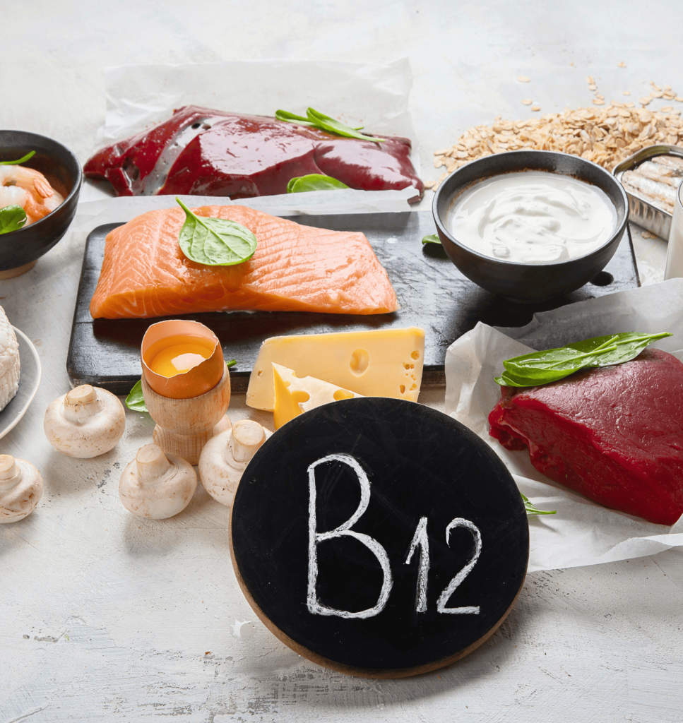 Comprehensive display of natural B12 sources for women over 50 including fish, eggs, dairy, and fortified foods