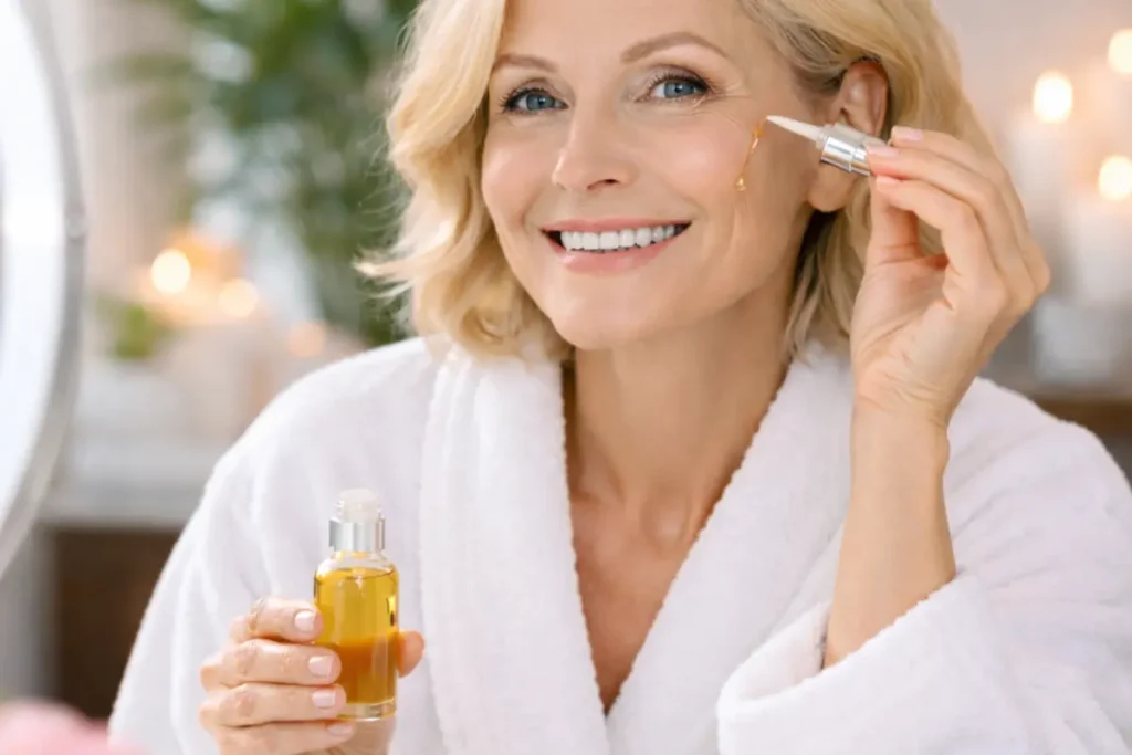 Woman applying moisturizer following the ultimate skin care guide for women over 50
