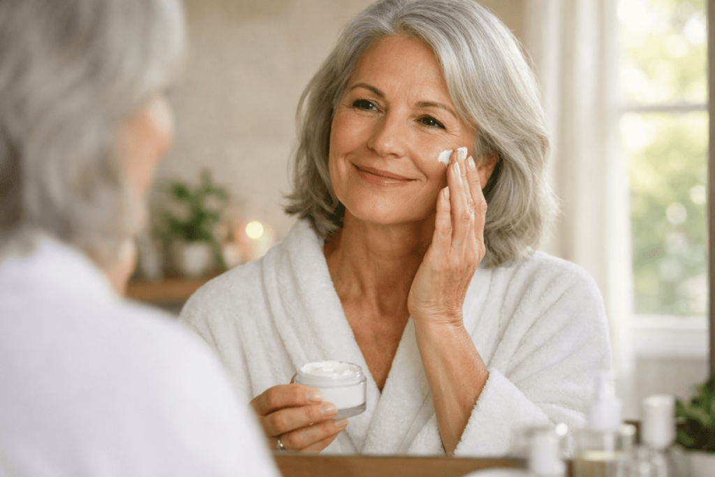Woman applying moisturizer following the ultimate skin care guide for women over 50