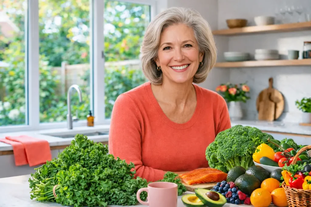 Woman over 50 selecting fresh whole foods in kitchen for weight loss after menopause