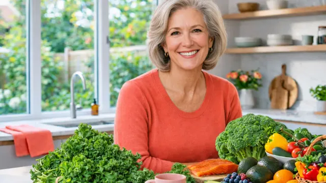 Woman over 50 selecting fresh whole foods in kitchen for weight loss after menopause