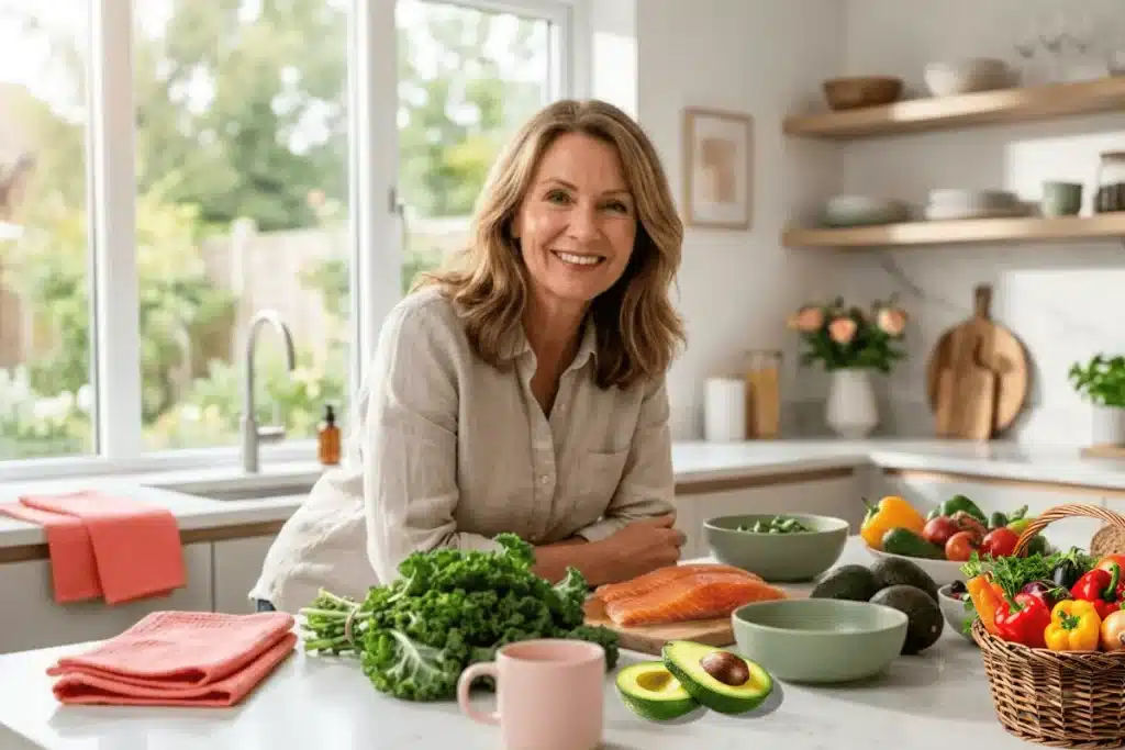 Woman over 50 selecting fresh whole foods in kitchen for weight loss after menopause