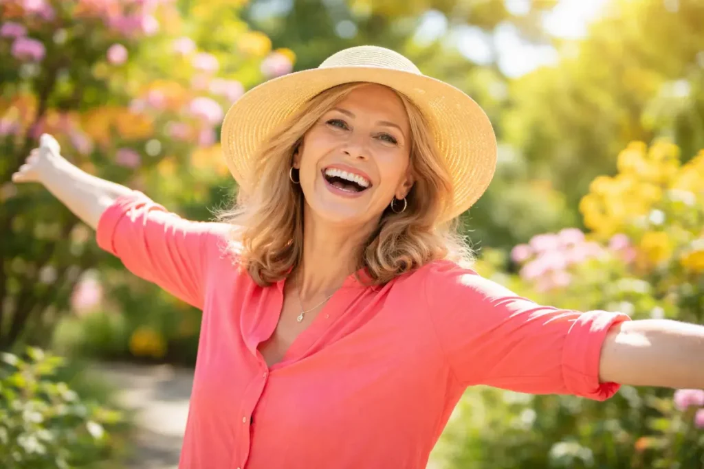 Woman in her 50s smiling outdoors during menopause transition.