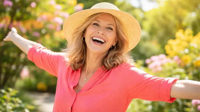Menopause after 50: woman in her 50s smiling outdoors during menopause transition.