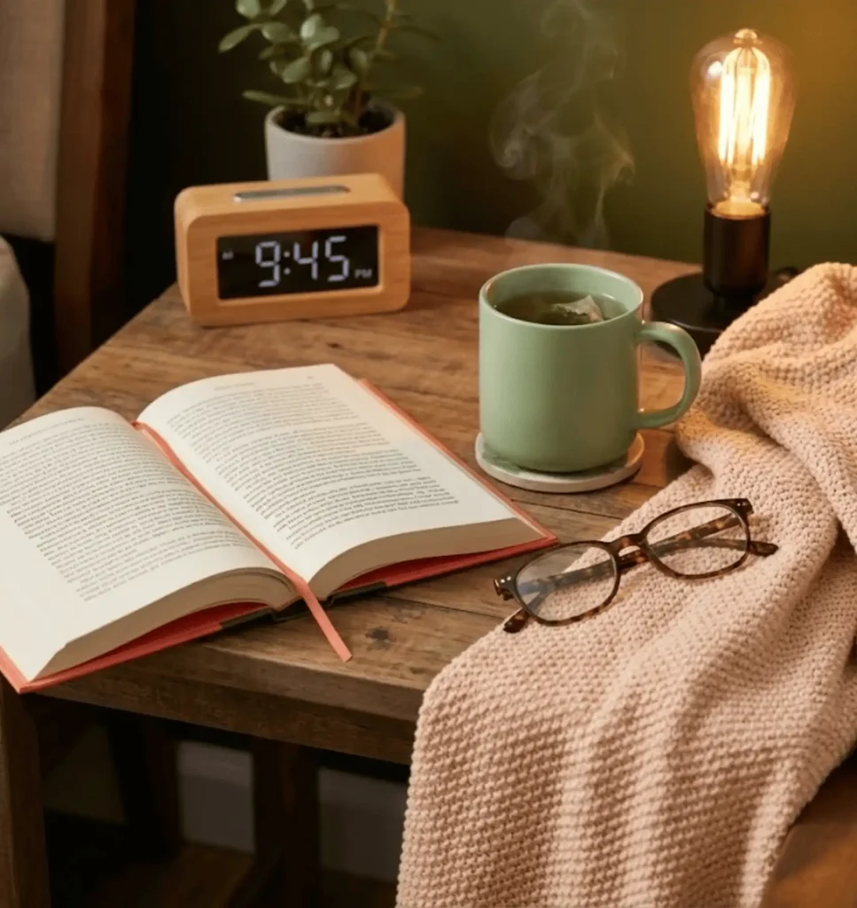 Calming bedtime routine setup with book, herbal tea, and dimmed lighting for better sleep after 50