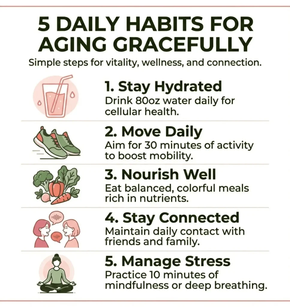 Infographic showing five essential daily habits for women over 50 to age gracefully including hydration, movement, nutrition, connection, and stress management