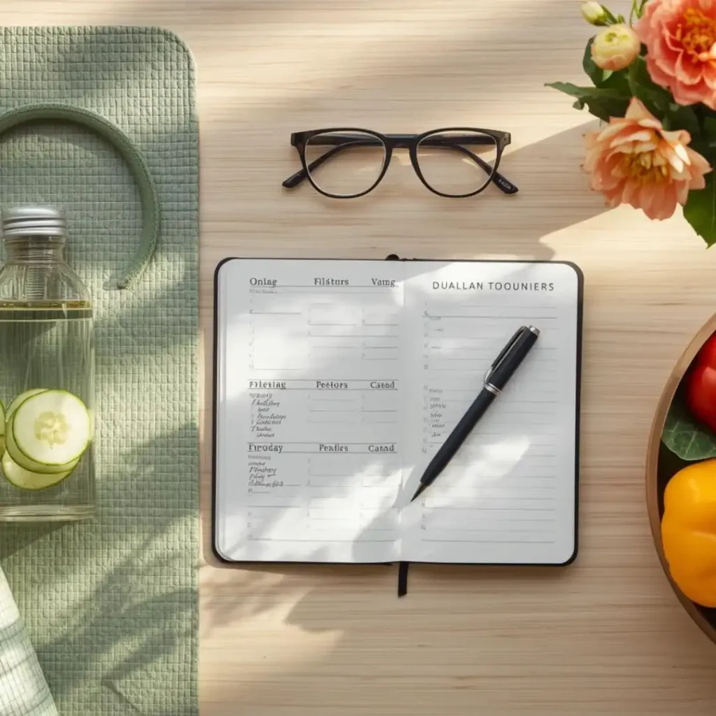 Flat lay of healthy aging essentials including supplements and fresh vegetables and yoga mat for women beyond menopause