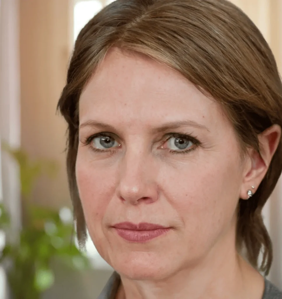 Middle‑aged woman with short light brown hair and stud earrings standing in a softly lit home environment, Lonage healthy aging testimonial photo.