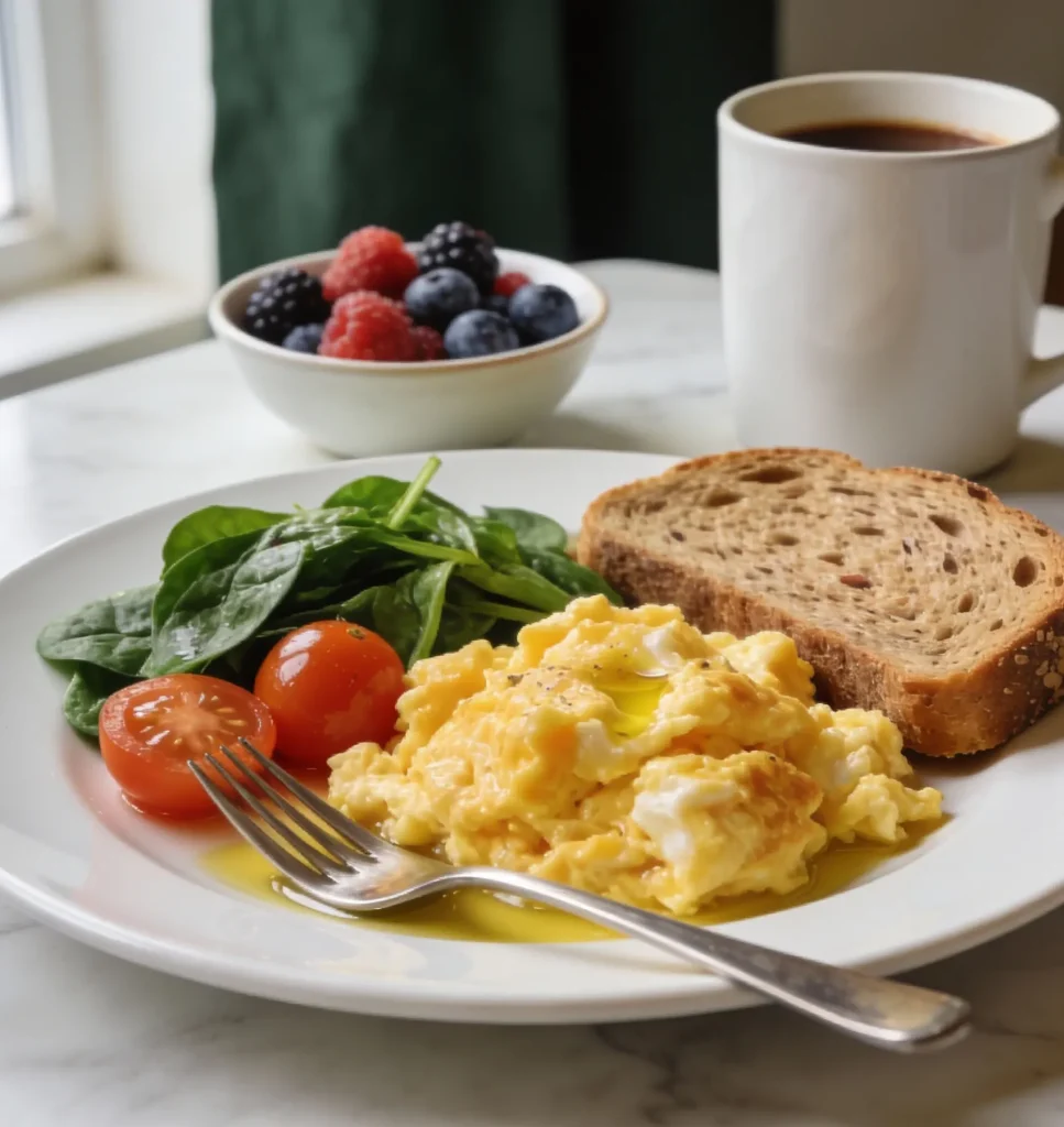 Scrambled eggs with tomatoes and spinach served with whole grain toast and berries for Mediterranean diet breakfast