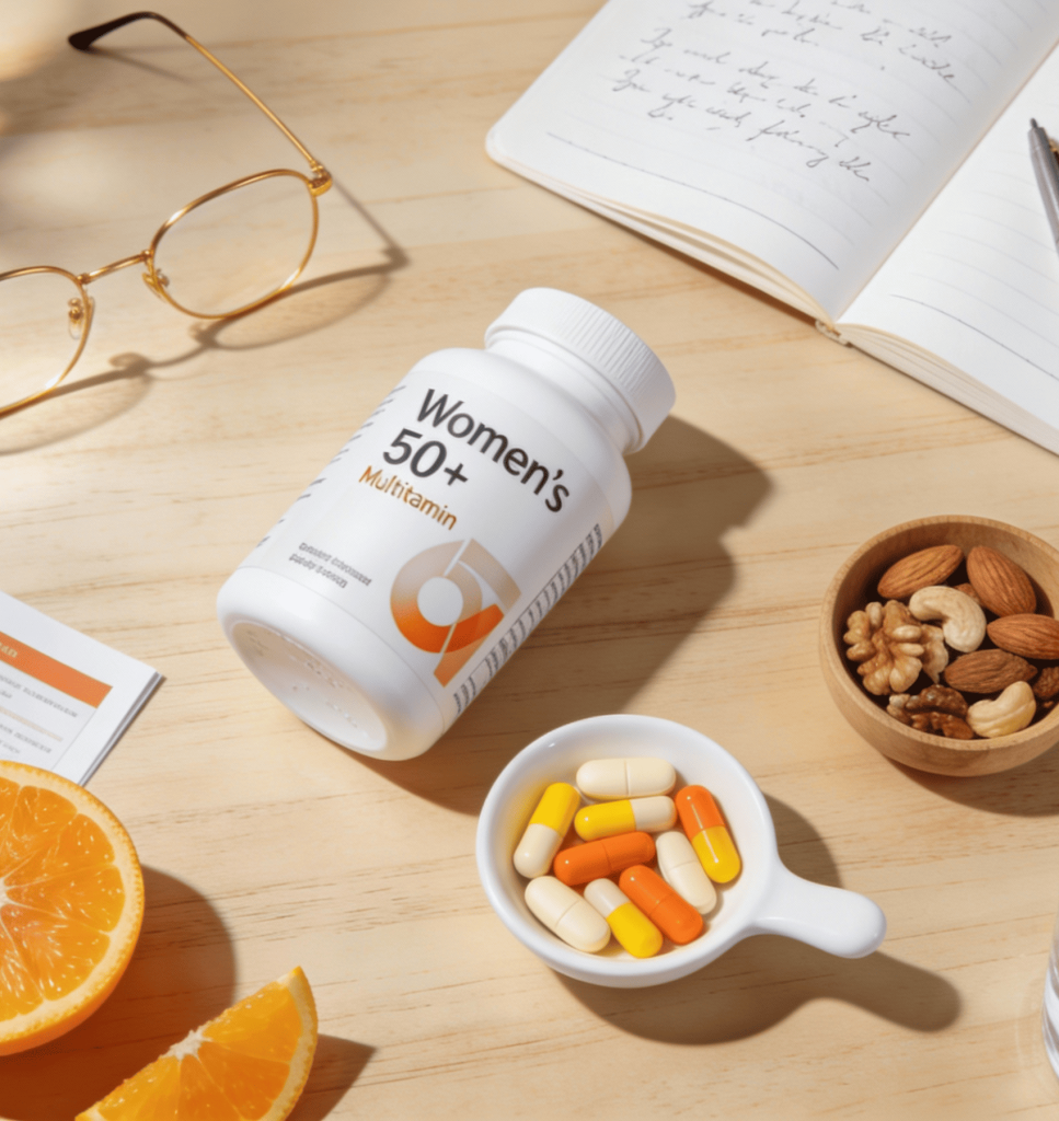 Flat lay of Women's 50+ Multivitamin bottle, colorful supplement capsules, fresh orange slices, mixed nuts, journal, and reading glasses on wooden desk.
