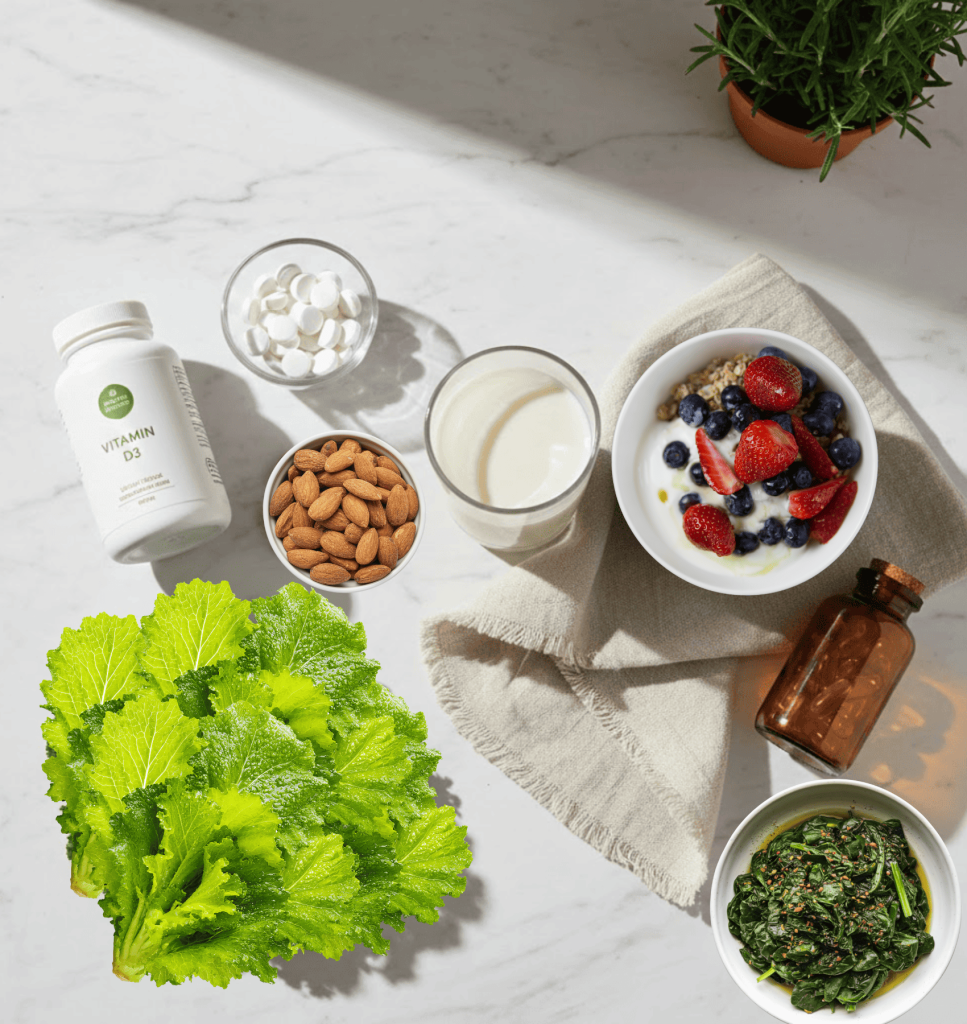 Bone health supplements for seniors including calcium, vitamin D, and K2 with calcium-rich foods