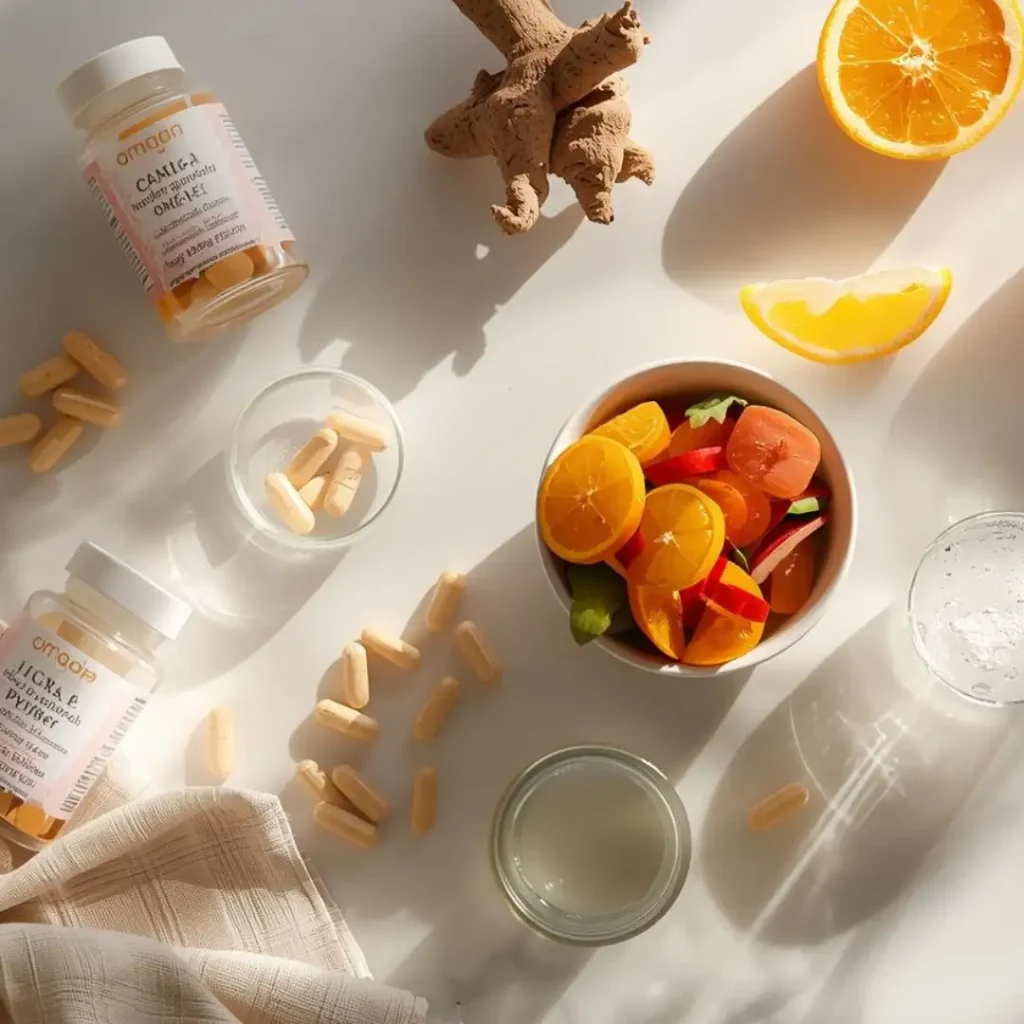 Omega-3, vitamin D, collagen and turmeric supplements for menopause joint pain on marble counter