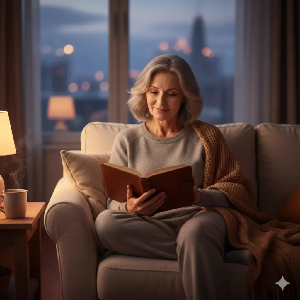 Evening Self-Care Routine Postmenopause - Woman Reading Woman in her 60s relaxing with book and tea during evening routine for better sleep
