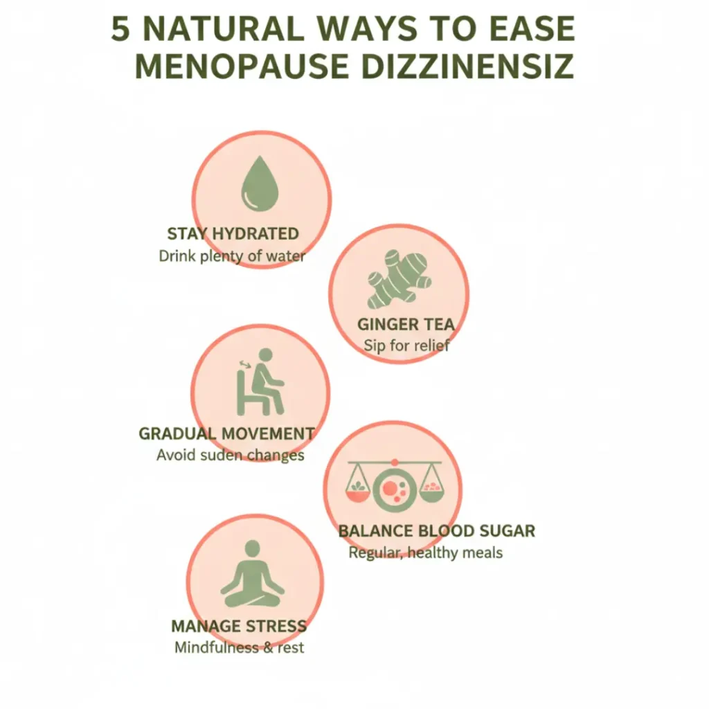 Five Natural Remedies for Menopause Dizziness Infographic Infographic showing natural remedies for dizziness during menopause including hydration, ginger, movement, nutrition, and stress relief