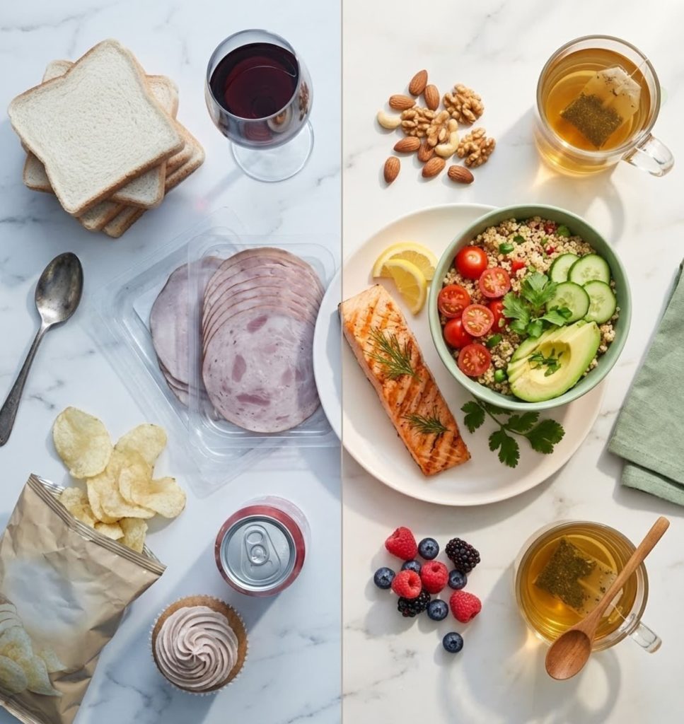 Visual comparison showing foods to avoid and healthy alternatives for weight loss after menopause