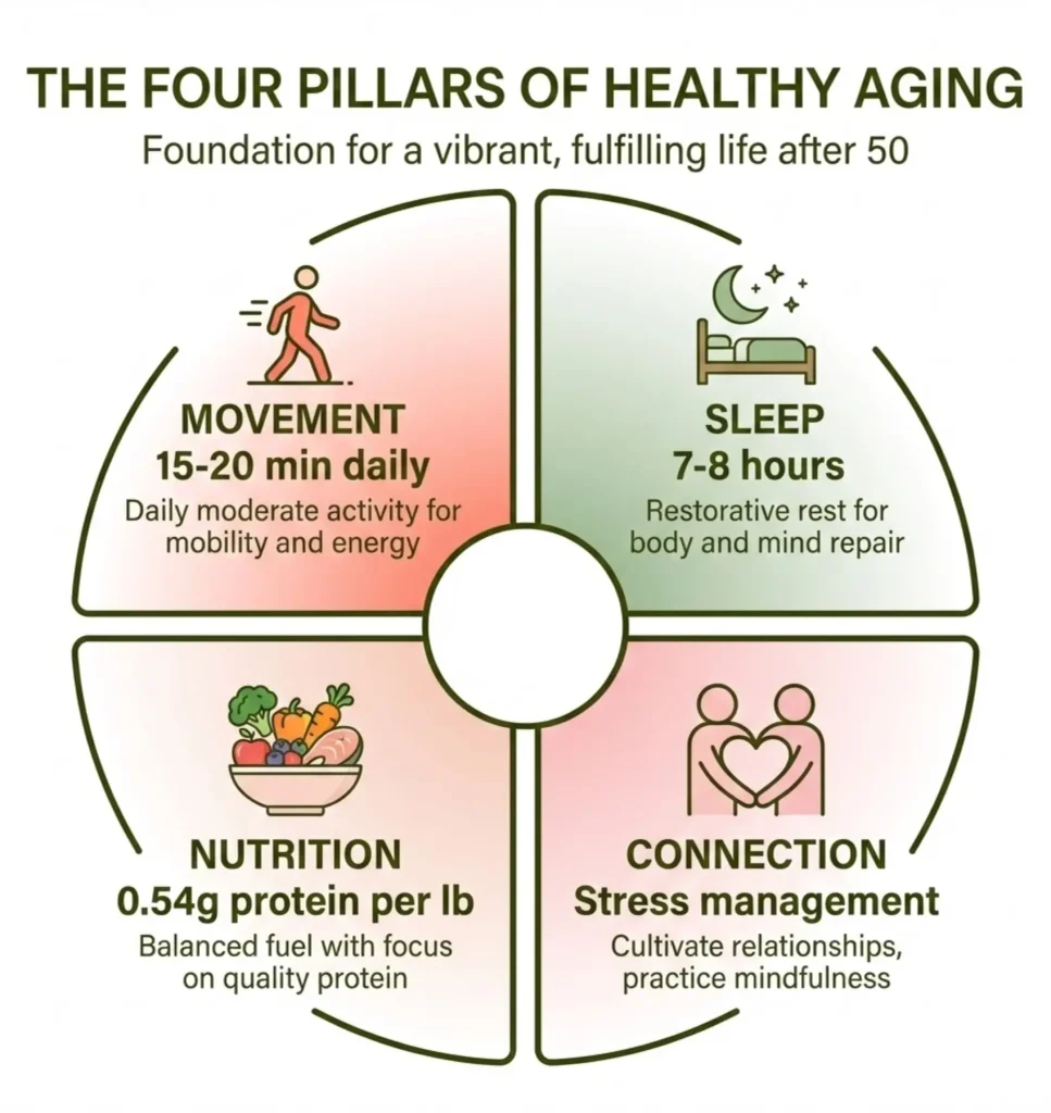 Visual chart showing four powerful habits for healthier aging including movement, sleep, nutrition, and stress management