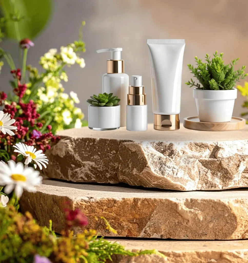Elegant white and gold skincare bottles displayed on stone steps surrounded by flowers and greenery, representing a gentle, effective skin care routine for women over 50.
