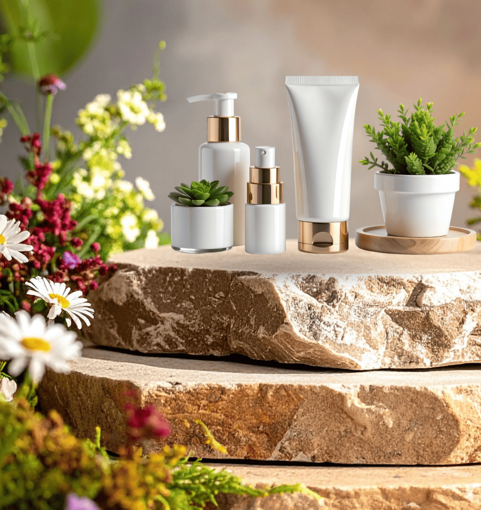 Elegant white and gold skincare bottles displayed on stone steps surrounded by flowers and greenery, representing a gentle, effective skin care routine for women over 50.