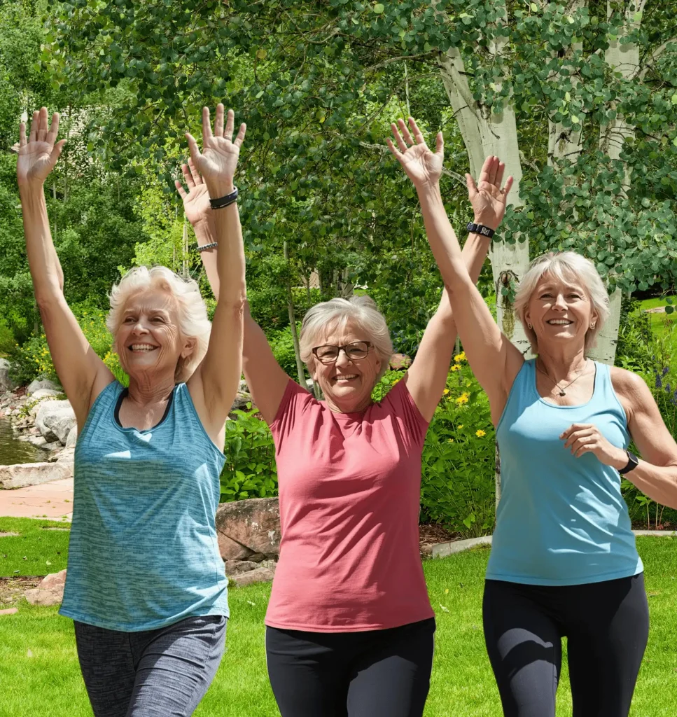 HIIT-Walking-Exercises-for-Women-Over-50-to-Lose-Belly-Fat Senior woman doing HIIT walking workout outdoors to burn belly fat