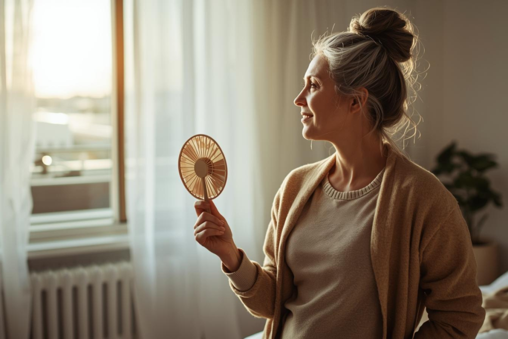 Mature woman managing hot flashes during menopause with layered clothing and fan at home